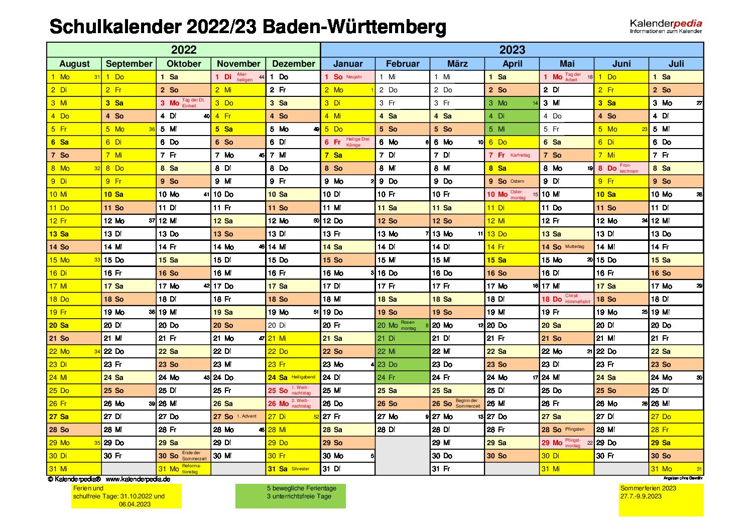 Kalender mit den markierten Ferienplan für Baden-Württemberg.