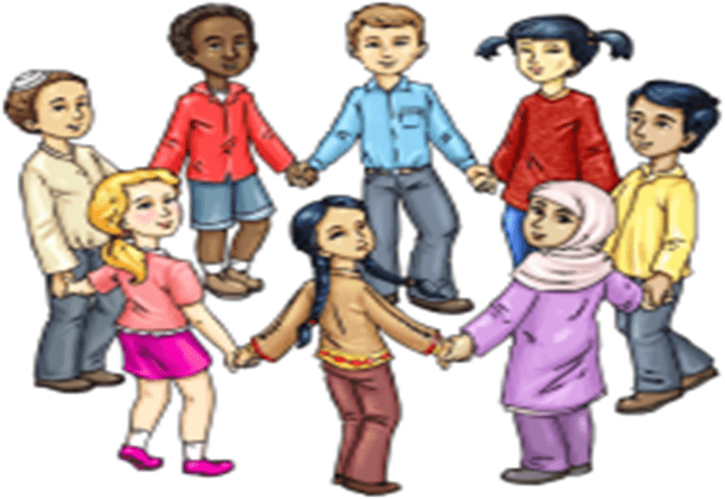 Zeichnung mit 8 Kindern verschiedener Nationen bilden einen Kreis und halten sich an den Händen.