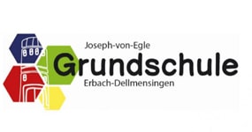 Logo der Joseph-von-Egle Grundschule in Erbach-Dellmensingen. Vier Sechsecke in den Farben grün, rot, gelb und lila und darüber ein weiß umrandeter Turm.